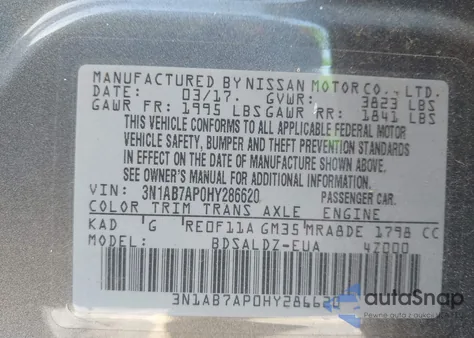 2017 Nissan Sentra Sv z USA, uszkodzony, nr VIN 3N1AB7AP0HY286620